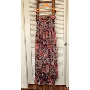2b Bebe Maxi Dress XS Burgundy Paisley Floral Strapless Chiffon Boho Ruffle